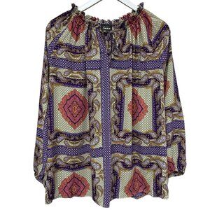 Simply Emma Paisley Blouse Plus Size 2X Peasant Top Long Sleeve Purple Beige